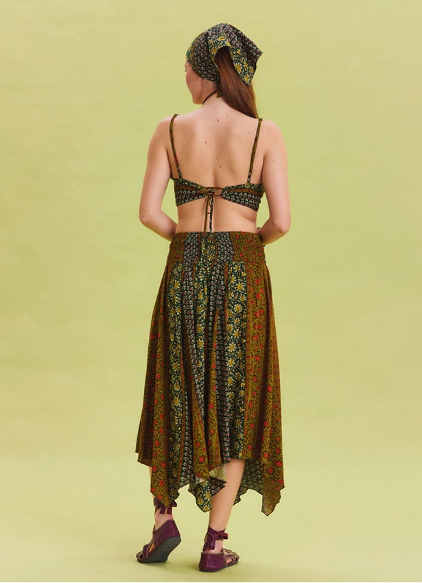 Green Patterned Asymmetrical Skirt with Gipe Detail and Tied Waist 4503